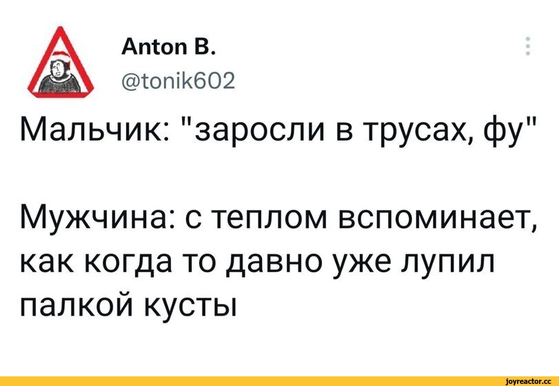 ﻿Аггёоп В.
@1:огнк6С)2
Мальчик: "заросли в трусах, фу"
Мужчина: с теплом вспоминает, как когда то давно уже лупил палкой кусты